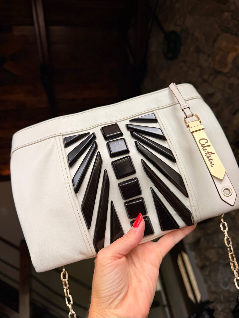 Rare White Embellished Crossbody Cole Haan Bag with Art Deco Black Accents